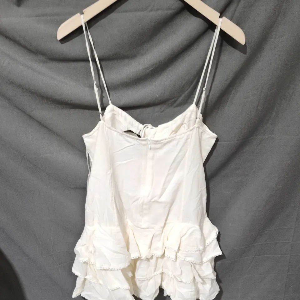 ZARA WHITE STRAPPY CAMISOLE TOP WITH TIERED RUFFLES – SIZE S 