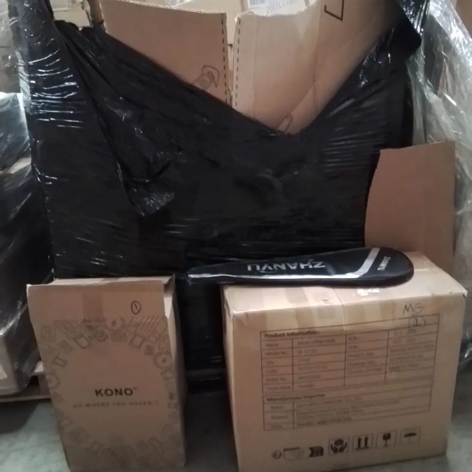 PALLET OF ASSORTED HOUSEHOLD GOODS AND PRODUCTS TO INCLUDE;SUITCASE,TENNIS RACKET,MESH OFFICE CHAIR 