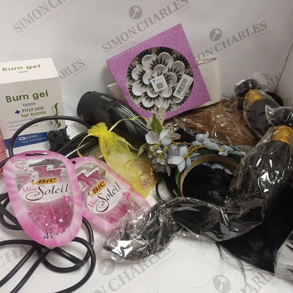 APPROXIMATELY 10 ASSORTED HEALTH AND BEAUTY ITEMS INCLUDING WIGS, RAZOR SET HAIR DRYER