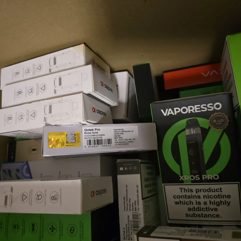 BOX OF APPROXIMATELY 18 ASSORTED E-CIGARETTES PRODUCTS TO INCLUDE - VAPORESSO, ASIRE 