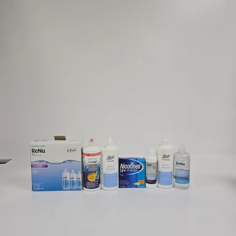 TOTE OF APPROXIMATELY 10 ASSORTED ITEMS INCLUDING BAUSCH + LOMB RENU MULTI-PURPOSE SOLUTION 3-PACK, NICOTINELL 14MG / 24 HOUR PATCH AND BAUSCH + LOMB EASY SEPT PEROXIDE SOLUTION