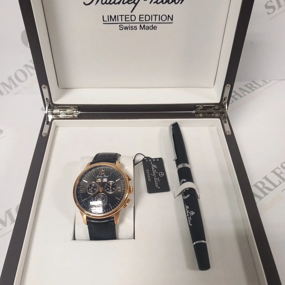 BOXED MATHEY-TISSOT LIMITED EDITION SWISS MADE BLACK LEATHER WRIST WATCH WITH GOLD CASING AND PEN SET