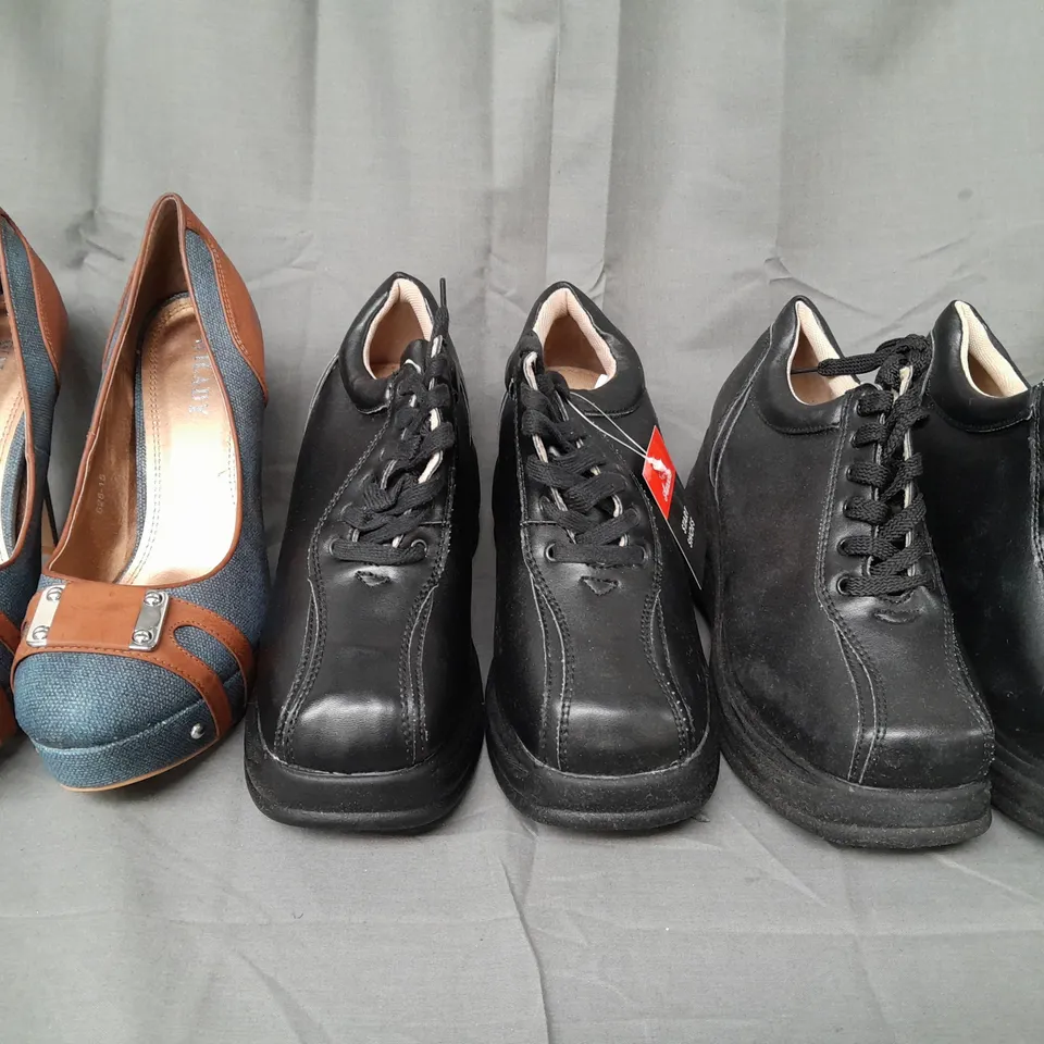 BOX OF APPROXIMATELY 5 ASSORTED PAIRS OF SHOES AND FOOTWEAR ITEMS IN VARIOUS STYLES AND SIZES TO INCLUDE AUROCHS, WILADY, ETC