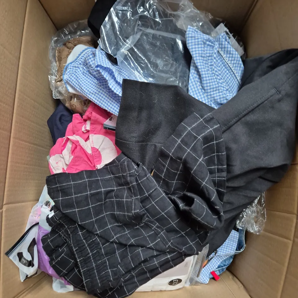 BOX OF APPROXIMATELY 20 ASSORTED CLOTHING ITEMS TO INCLUDE DRESS, SKIRT, TROUSERS, ETC