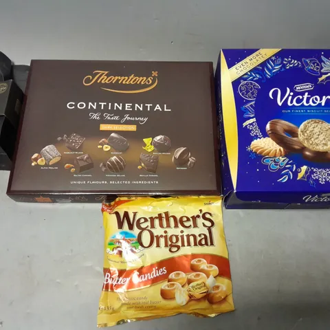 TOTE OF APPROXIMATELY 7 ASSORTED FOOD ITEMS TO INCLUDE - THORNTONS CONTINENTAL , WETHERS ORIGINAL , MCVITIES VICTORIA ETC