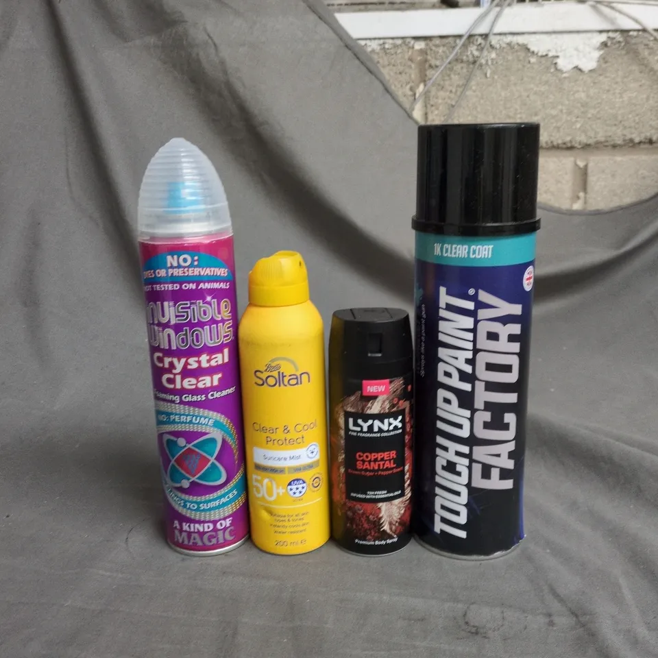 APPROXIMATELY 15 ASSORTED AEROSOLS TO INCLUDE SOLTAN SUNCARE MIST, INVISIBLE WINDOW FOAMING GLASS CLEANER AND LYNX BODY SPRAY