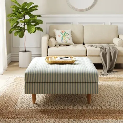 BOXED ZOE PINSTRIPE FABRIC SQUARE STORAGE FOOTSTOOL NAVY (1 BOX)