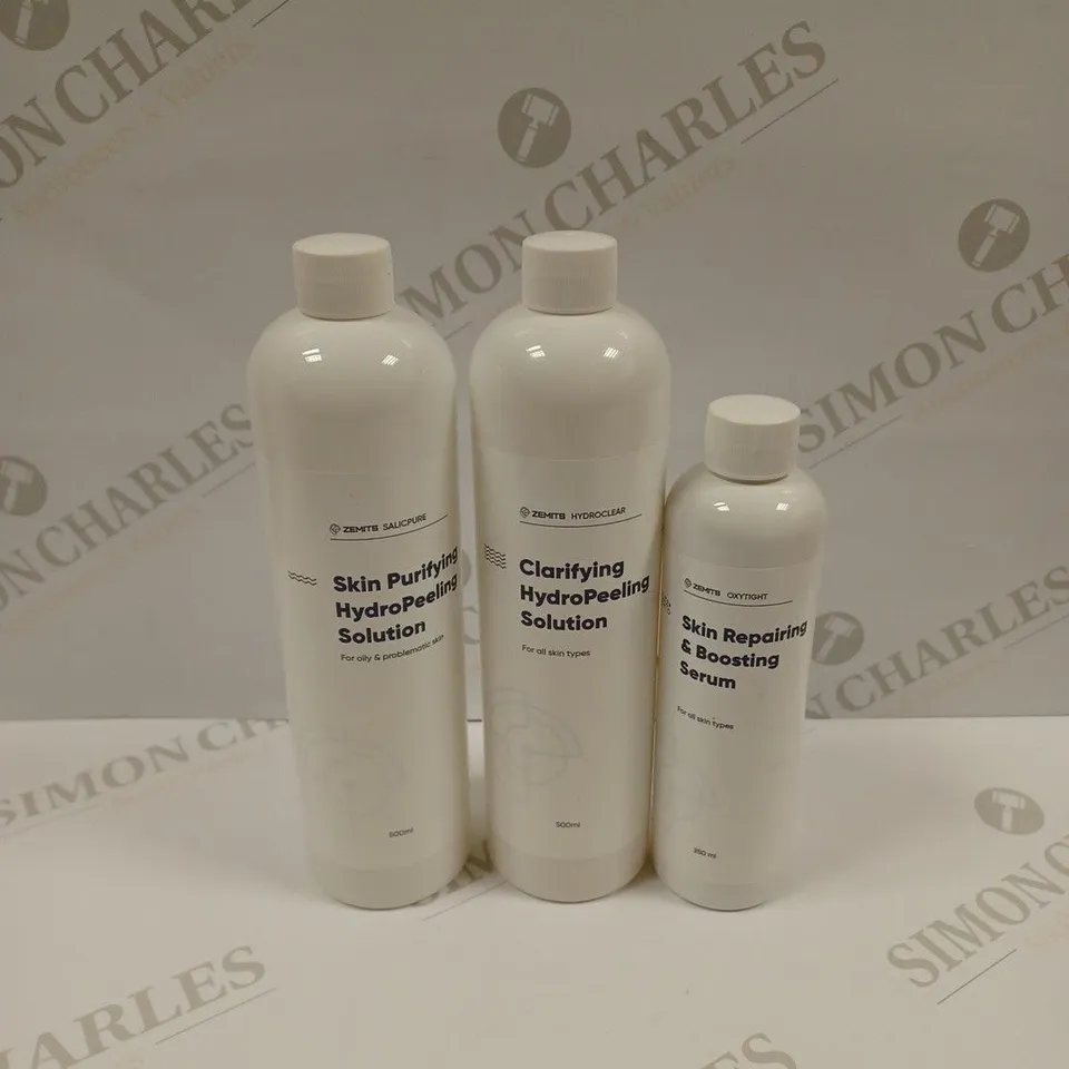 LOT OF 3 ZEMITS PRODUCTS TO INCLUDE SKIN PURIFYING HYDRO-PEELING SOLUTION 500ML, CLARIFYING HYDRO-PEELING SOLUTION 500ML, AND SKIN REPAIRING & BOOSTING SERUM 250ML