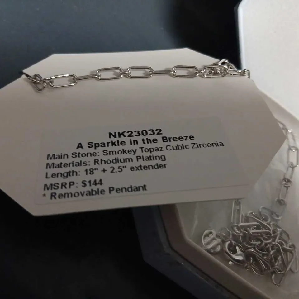 BOMB PARTY NK23032 A SPARKLE IN THE BREEZE NECKLACE – SMOKEY TOPAZ CUBIC ZIRCONIA, RHODIUM PLATING, 18" + 2.5" EXTENDER