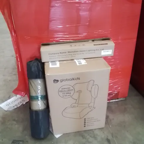PALLET OF ASSORTED HOUSEHOLD GOODS AND PRODUCTS TO INCLUDE;CAR SEAT,YOGA MAT,LED MIRROR LIGHT