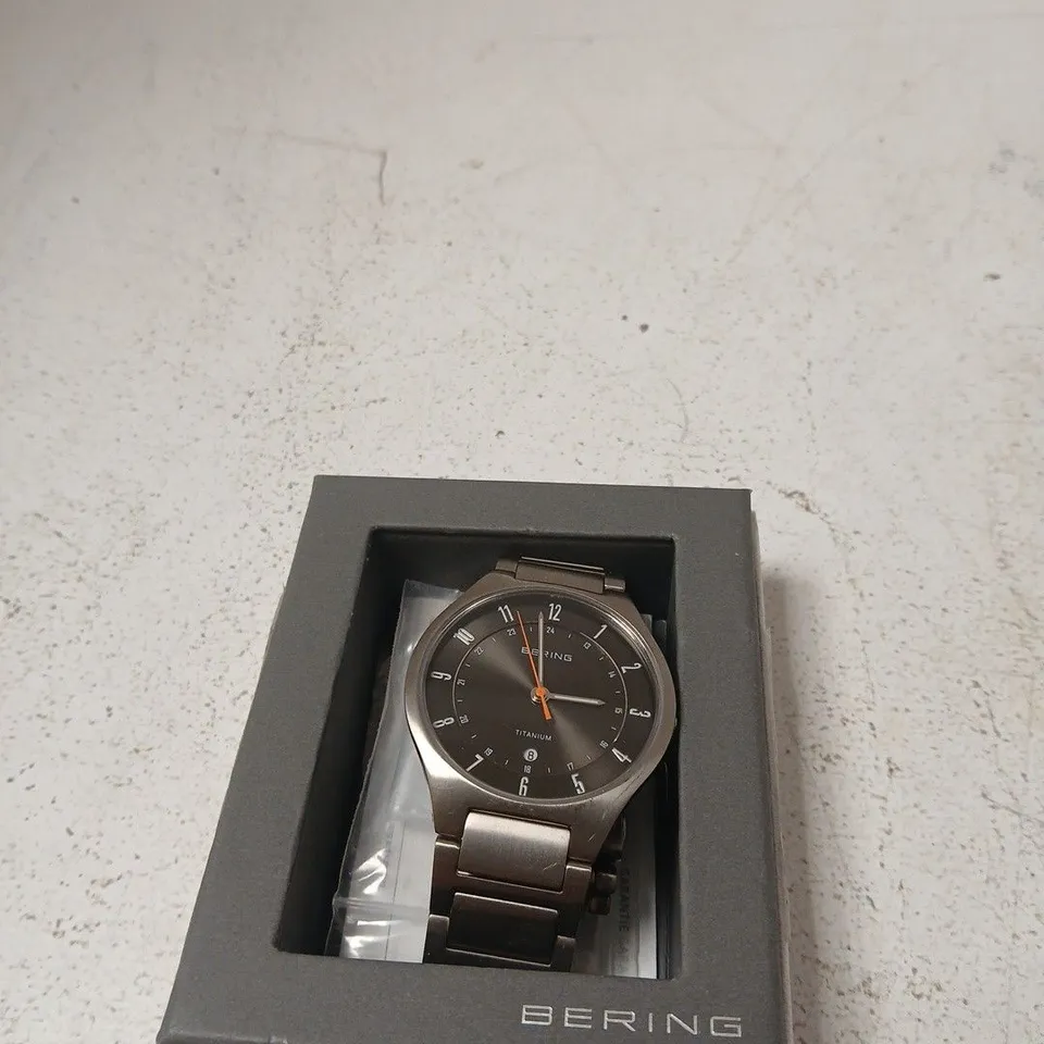 BERING TITANIUM WATCH – STAINLESS STEEL BRACELET, BLACK DIAL (BOXED)
