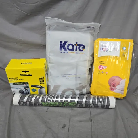 APPROXIMATELY 20 ASSORTED HOUSEHOLD PRODUCTS TO INCLUDE KARCHER FOAM JET ACCESSORIES, BABY NEWBORN NAPPIES, WALLPAPER, ETC - COLLECTION ONLY