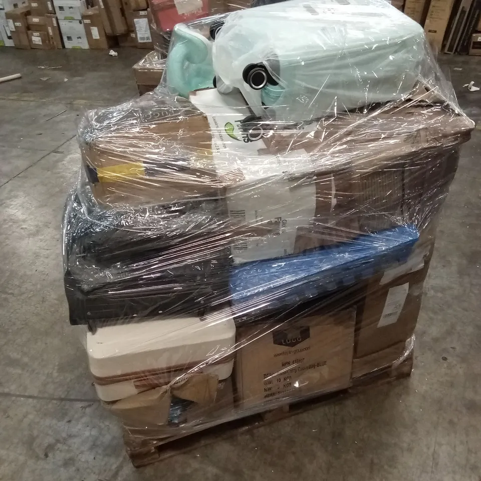 PALLET OF ASSORTED HOUSEHOLD GOODS AND PRODUCTS TO INCLUDE; SUITCASES, GYM MATS, KIDS ITEMS ETC