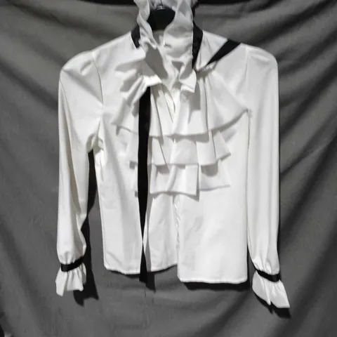WOMEN'S WHITE BLOUSE WITH RUFFLED FRONT AND RIBBON TIE SIZE UKNOWN