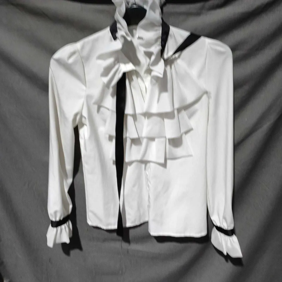 WOMEN'S WHITE BLOUSE WITH RUFFLED FRONT AND RIBBON TIE SIZE UKNOWN