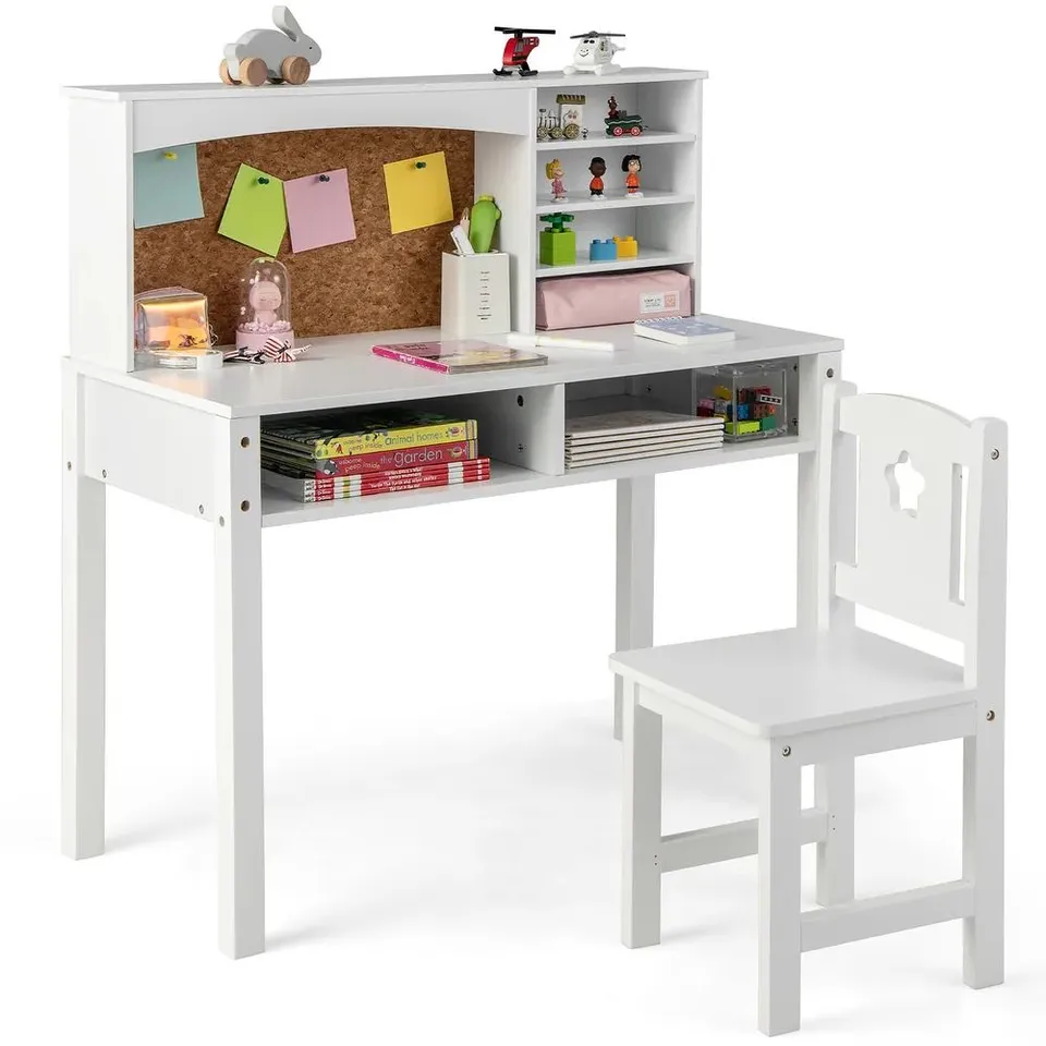 BOXED COSTWAY KIDS DESK AND CHAIR SET WITH HUTCH AND BULLETIN BOARD FOR 3+ - WHITE