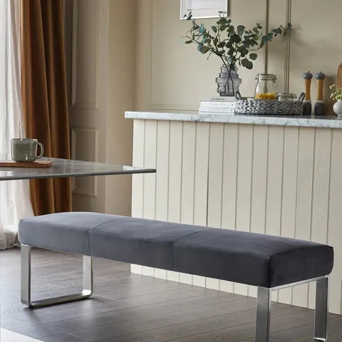 BOXED DANETTI OPHELIA 3 SEATER STAINLESS STEEL DINING BENCH WITHOUT BACKREST - DARK GREY PLUSH VELVET