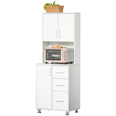 BOXED HOMCOM MODERN KITCHEN CUPBOARD WITH STORAGE CABINETS, 3 DRAWERS AND OPEN COUNTERTOP FOR LIVING ROOM, WHITE (2 BOXES) 