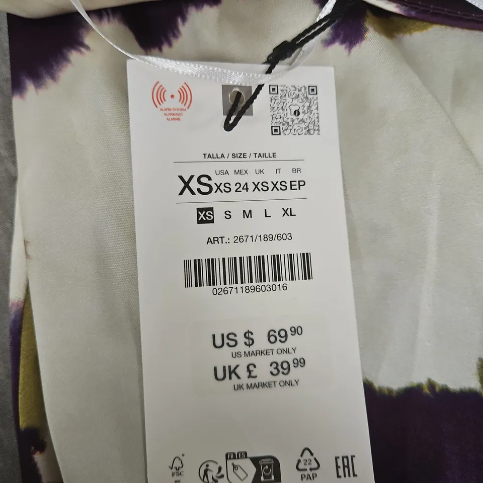 ZARA WOMEN'S DRESS – PURPLE, CREAM & OLIVE ABSTRACT PRINT, XS