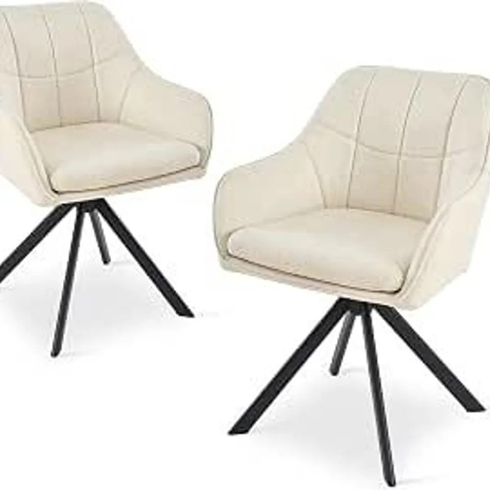 BOXED 360° SWIVEL DINING ERGONOMIC DESIGNED CHAIRS WITH ARMRESTS AND METAL LEGS, SET OF 2, IVORY WHITE FABRIC