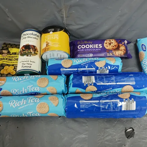 APPROXIMATELY 8 ASSORTED FOOD ITEMS TO INCLUDE RICH TEA BISCUIT, CADBURY MILK CHOCOLATE COOKIES, AND YORKSHIRE CRISP SEA SALT ETC.