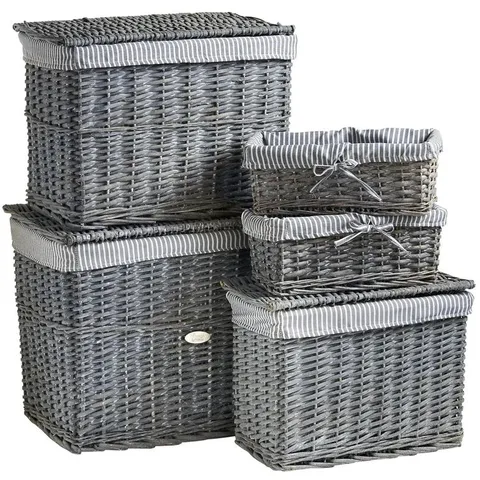 BOXED WICKER 5 PEICE BASKET SET IN GREY