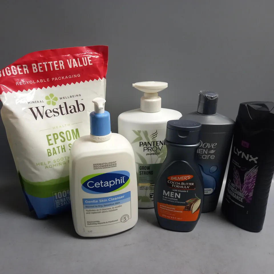 APPROXIMATELY 6 ASSORTED BEAUTY PRODUCTS TO INCLUDE WESTLAB EPSOM BATH SALT, PANTENE PRO-V SHAMPOO, CETAPHIL GENTLE SKIN CLEANSER 
