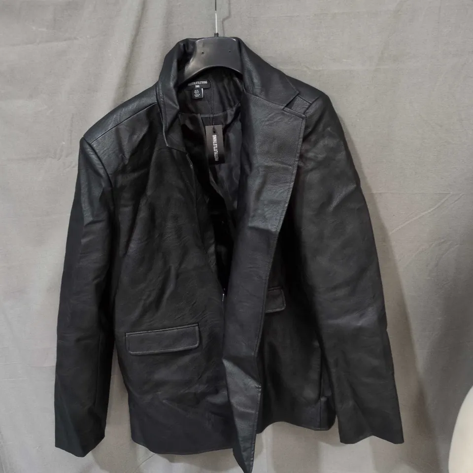 PRETTYLITTLETHING TALL LEATHER JACKET – UK 15 (EU 44, US 12) BLACK