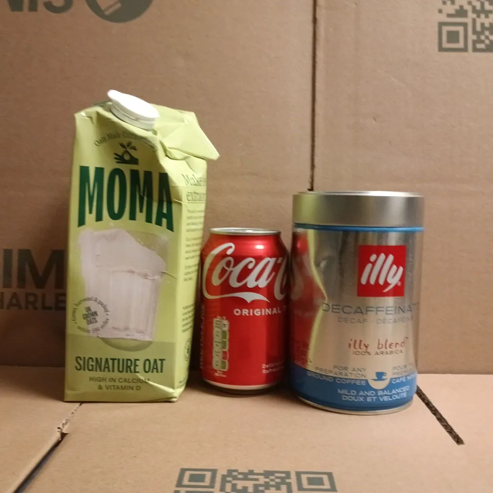 APPROXIMATELY 10 ASSORTED FOOD AND DRINK ITEMS TO INCLUDE ILLY DECAF COFFEE, COCA-COLA, ETC