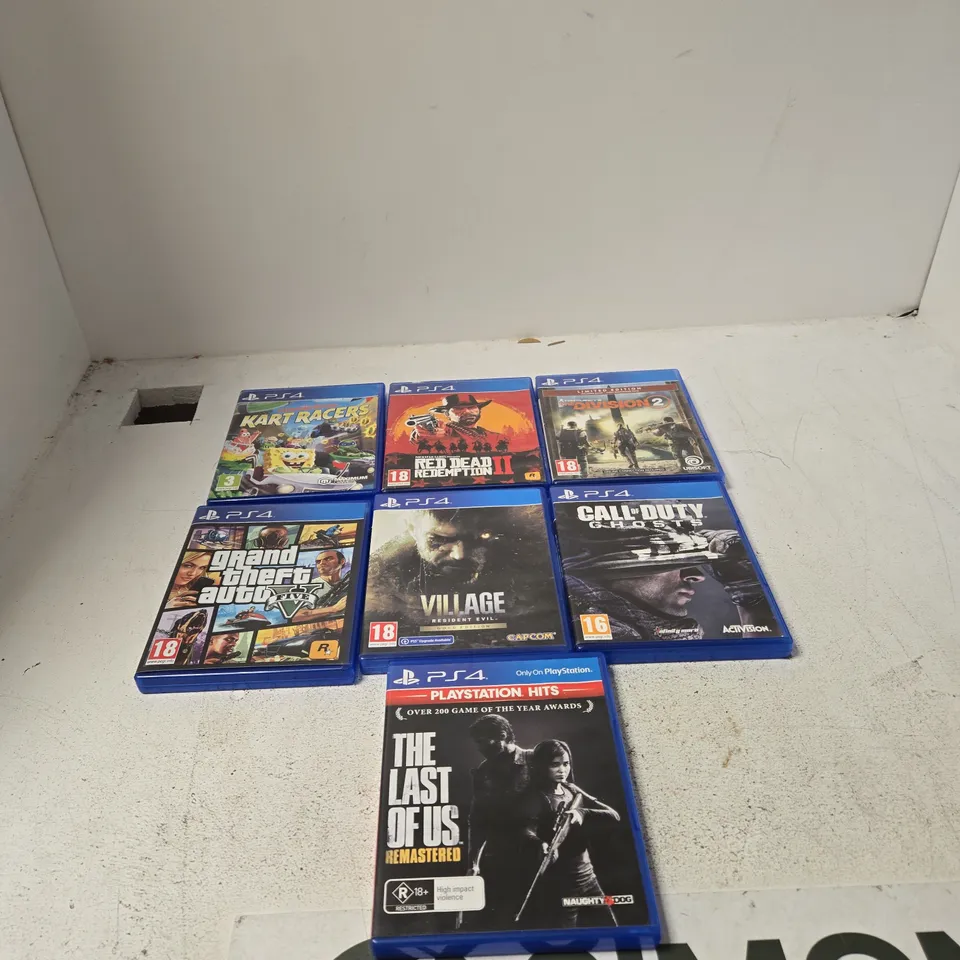 APPROXIMATELY 7 ASSORTED PS4 GAMES INCLUDING GRAND THEFT AUTO 5 AND CALL OF DUTY GHOSTS 