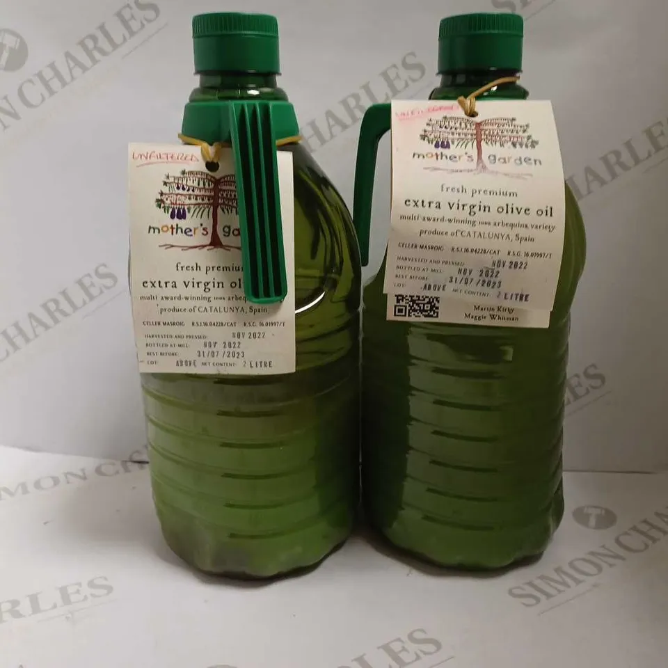 LOT OF 2 BOTTLES OF MOTHER'S GARDEN EXTRA VIRGIN OLIVE OIL (2x2L)