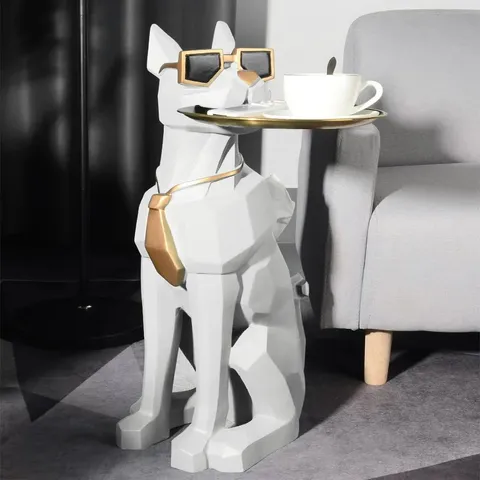 BOXED MODERN RESIN DOG SCULPTURE CUTE END TABLE SIDE TABLE WITH METAL TRAY TISSUE BOX