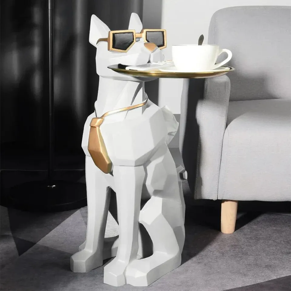 BOXED MODERN RESIN DOG SCULPTURE CUTE END TABLE SIDE TABLE WITH METAL TRAY TISSUE BOX