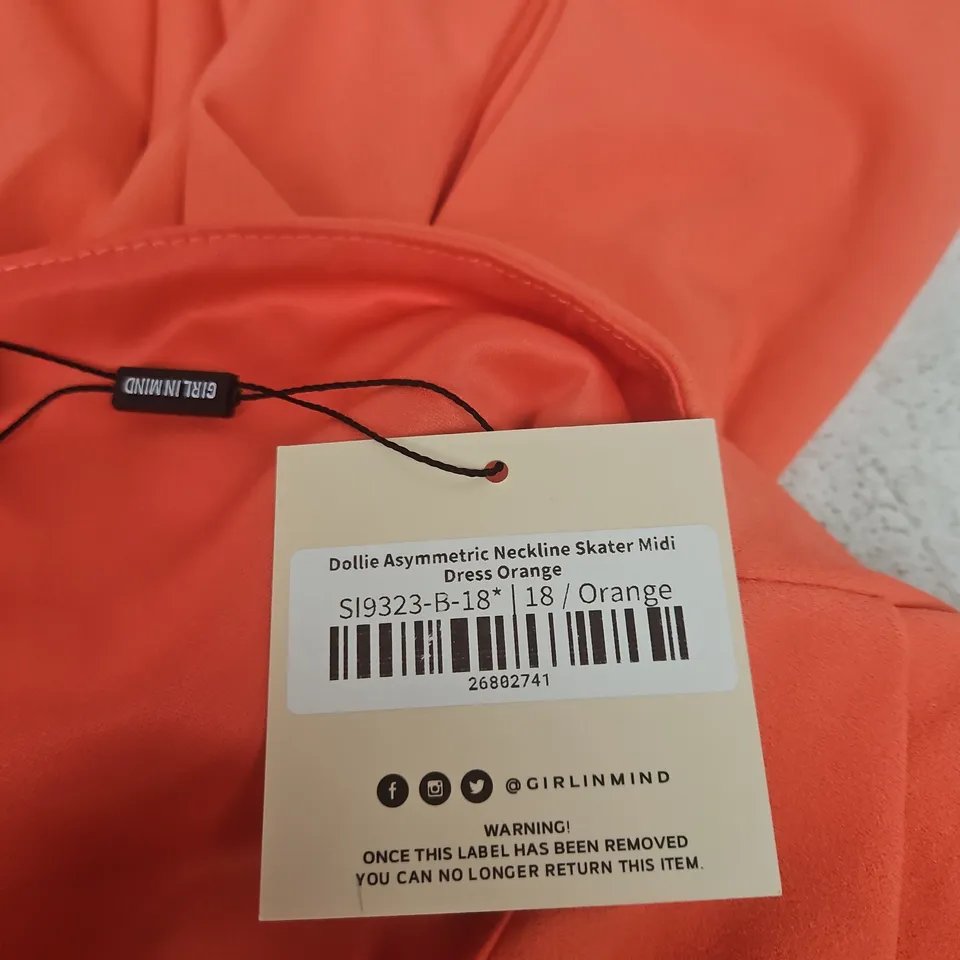 GIRL IN MIND DOLLIE ASYMMETRIC NECKLINE SKATER MIDI DRESS – ORANGE – UK 18