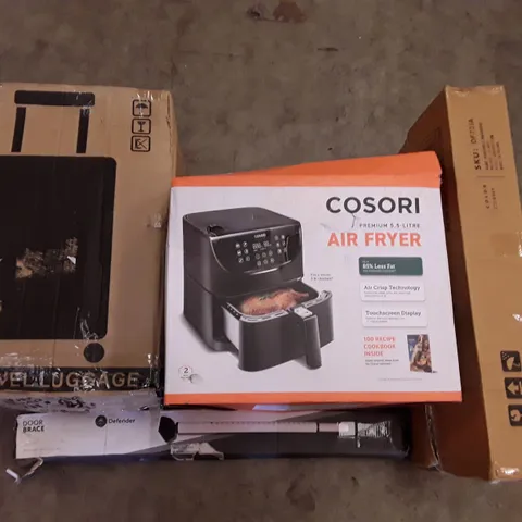 PALLET OF ASSORTED PRODUCTS INCLUDING TRAVEL LUGGAGE, DEFENDER DOOR BRACE, AIR FRYER, PORTABLE WARDROBE 