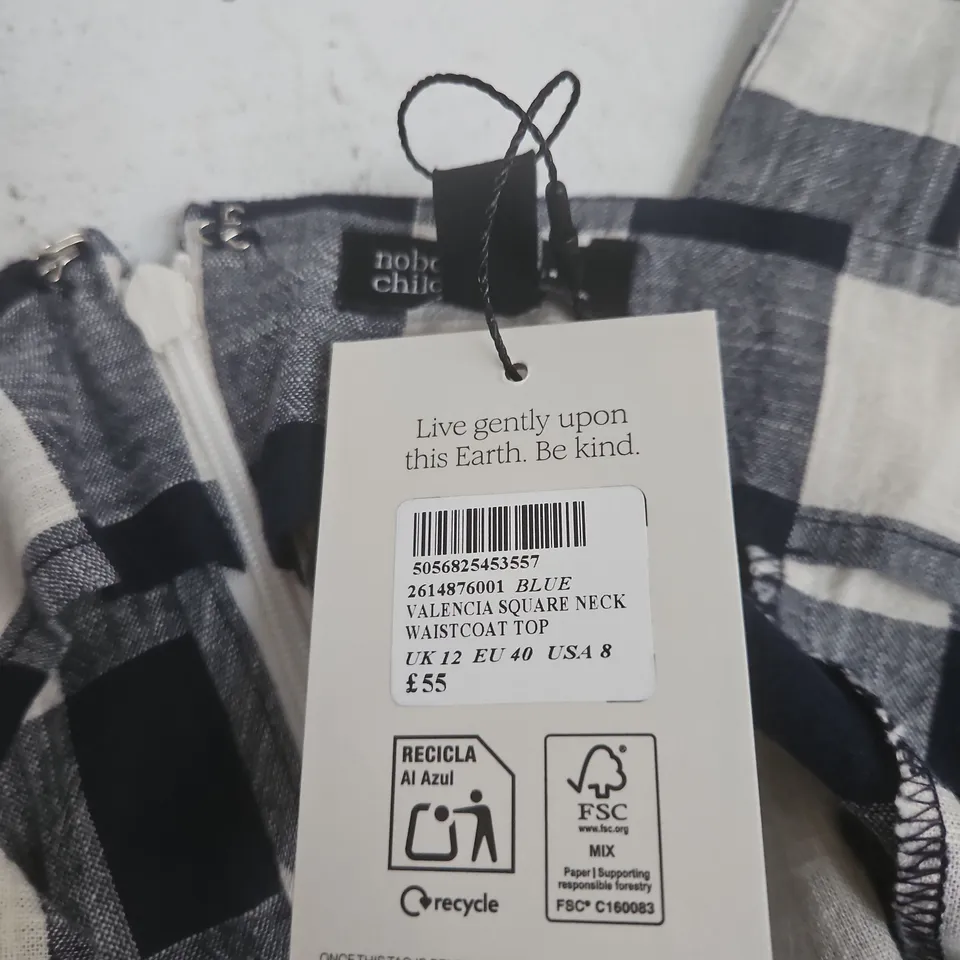 NOBODY'S CHILD BLUE VALENCIA SQUARE NECK WAISTCOAT TOP - UK 12 (EU 40, USA 8)