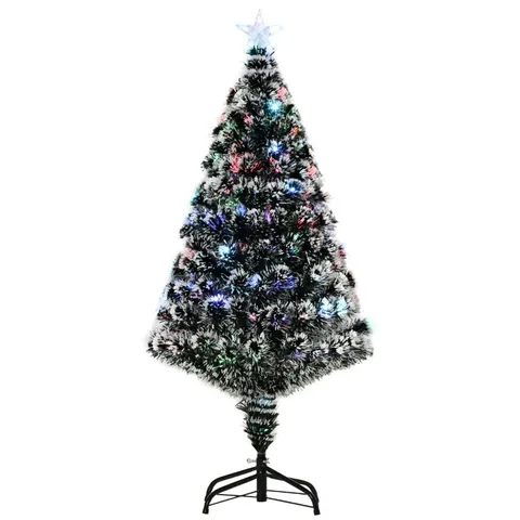 BOXED HOMCOM 4FT ARTIFICIAL PRELIT CHRISTMAS TREE, SNOW XMAS TREE WITH COLOURFUL LED LIGHTING FIBER OPTICS, GREEN WHITE