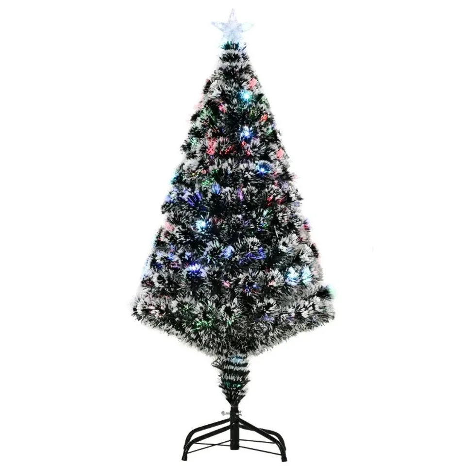 BOXED HOMCOM 4FT ARTIFICIAL PRELIT CHRISTMAS TREE, SNOW XMAS TREE WITH COLOURFUL LED LIGHTING FIBER OPTICS, GREEN WHITE