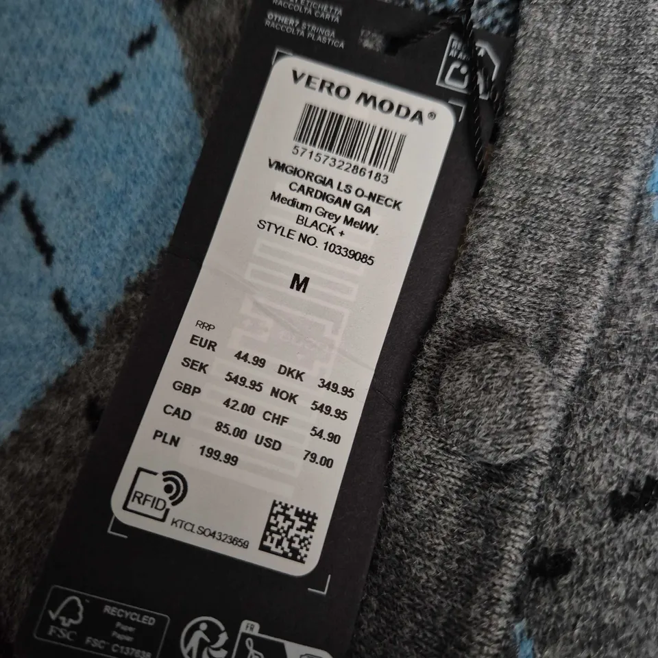 VERO MODA WOMEN'S O-NECK CARDIGAN – ARGYLE GREY/BLUE, SIZE M