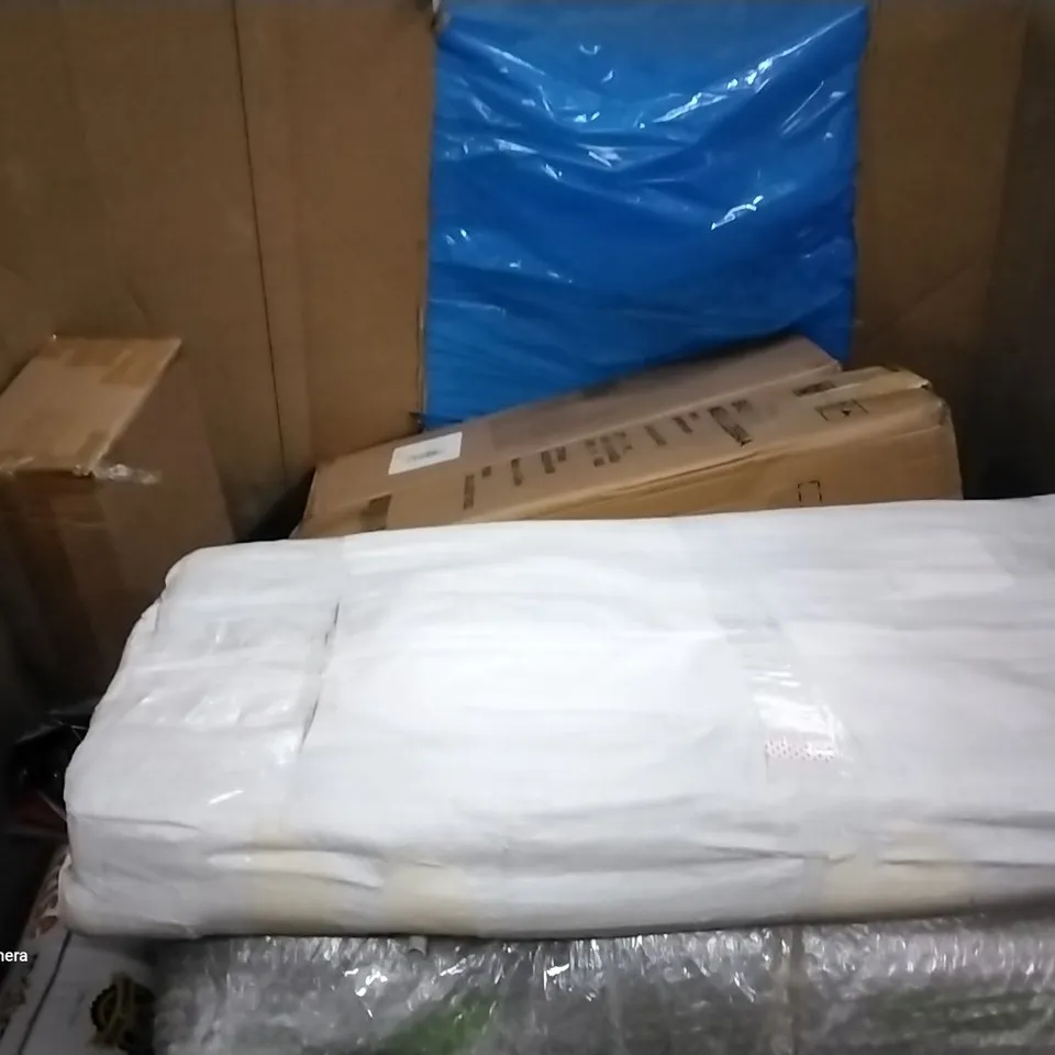 PALLET OF ASSORTED ITEMS INCLUDING EVER ADVANCED CAMPING TABLE, LIGHT GREY HAMMOCK CHAIR, VOILMART 3-TIER GARMENT ROLLING RACK, PIZZA PADDLE