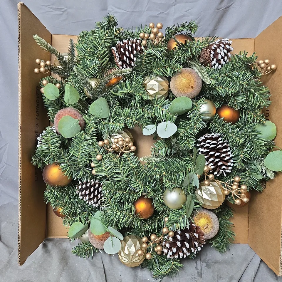 COPPER AND GOLD PRE-LIT CHRISTMAS WREATH - 80 CM
