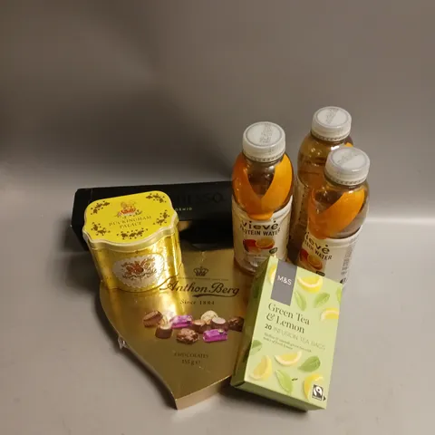 BOX OF APPROX 12 ASSORTED FOOD ITEMS TO INCLUDE - NESPRESSO PODS IN STORMIO - VIEVE PROTEIN WATER - ANTHON BERRY CHOCOLATE SELECTION ETC