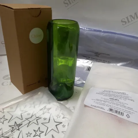 LOT OF 4 ITEMS INCLUDING CHLOE GLASS BOTTLE, COTTON POUCHES, SMALL STAR POUCH