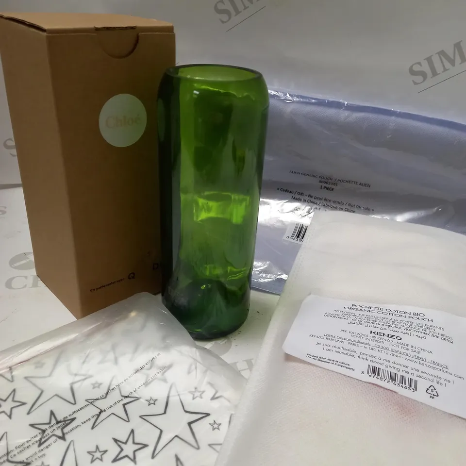 LOT OF 4 ITEMS INCLUDING CHLOE GLASS BOTTLE, COTTON POUCHES, SMALL STAR POUCH