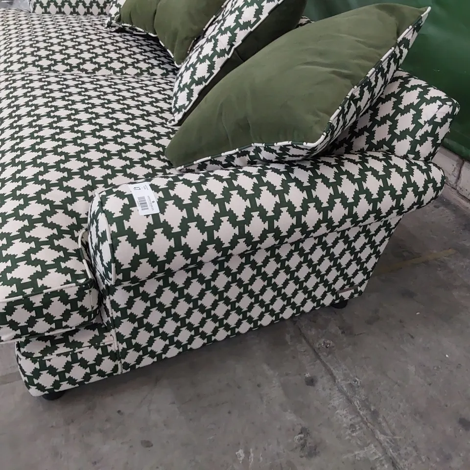 QUALITY BRITISH DESIGNER LOUNGE Co. BRONWYN FOUR SEATER SOFA TRIMOS TRIBAL TILE MOSS FABRIC WITH REVERSIBLE SCATTER CUSHIONS 