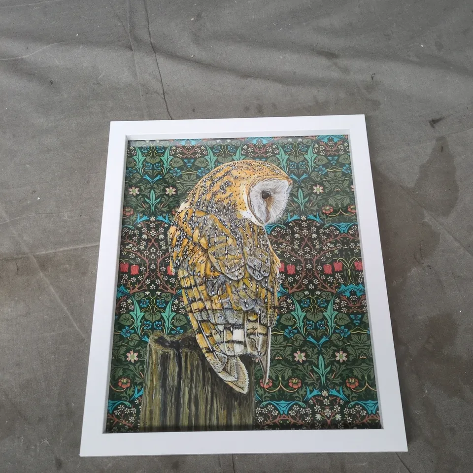 FRAMED OWL ARTWORK ON ORNAMENTAL WALLPAPER – WHITE FRAME (BACK INSCRIPTION: THE NIGHT WATCH) 