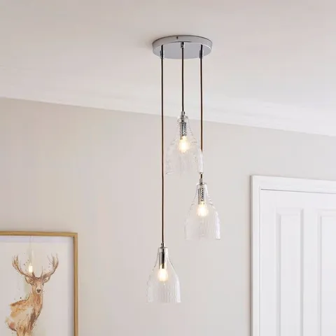 BOXED HANNAM RECYCLED TEXTURED GLASS BOTTLE 3 LIGHT CLUSTER FITTING