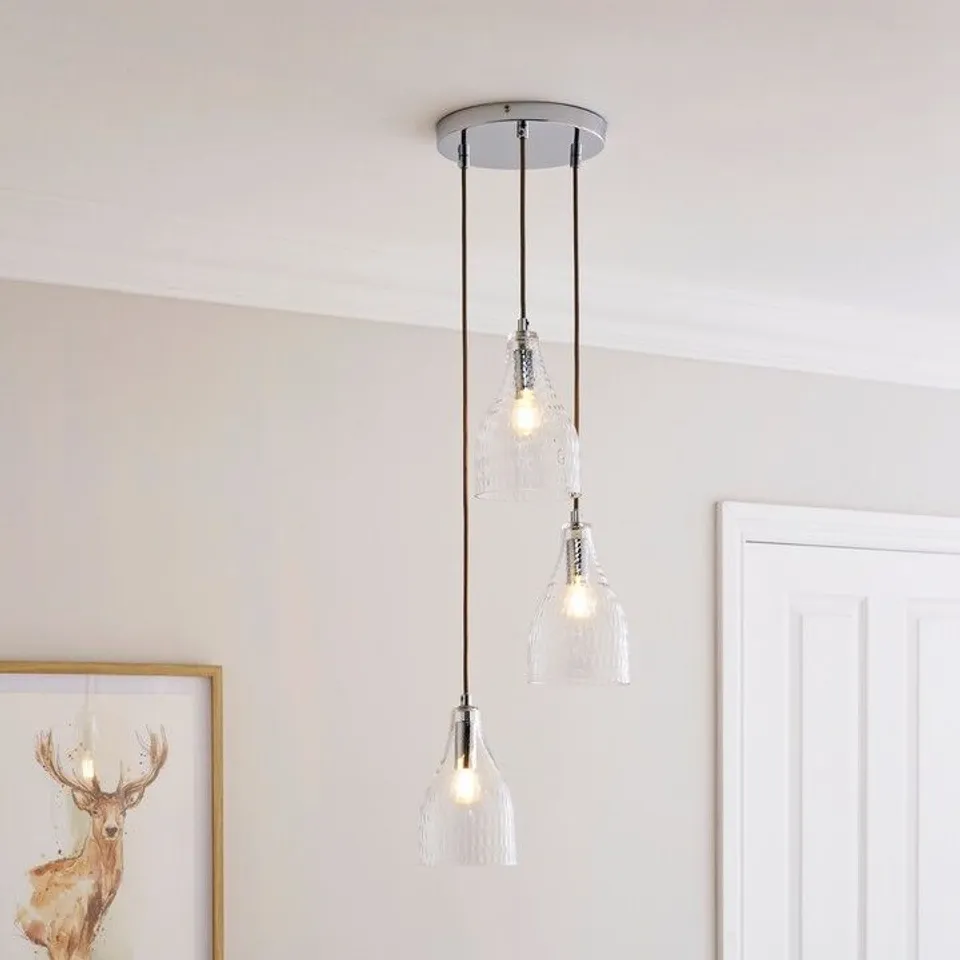 BOXED HANNAM RECYCLED TEXTURED GLASS BOTTLE 3 LIGHT CLUSTER FITTING