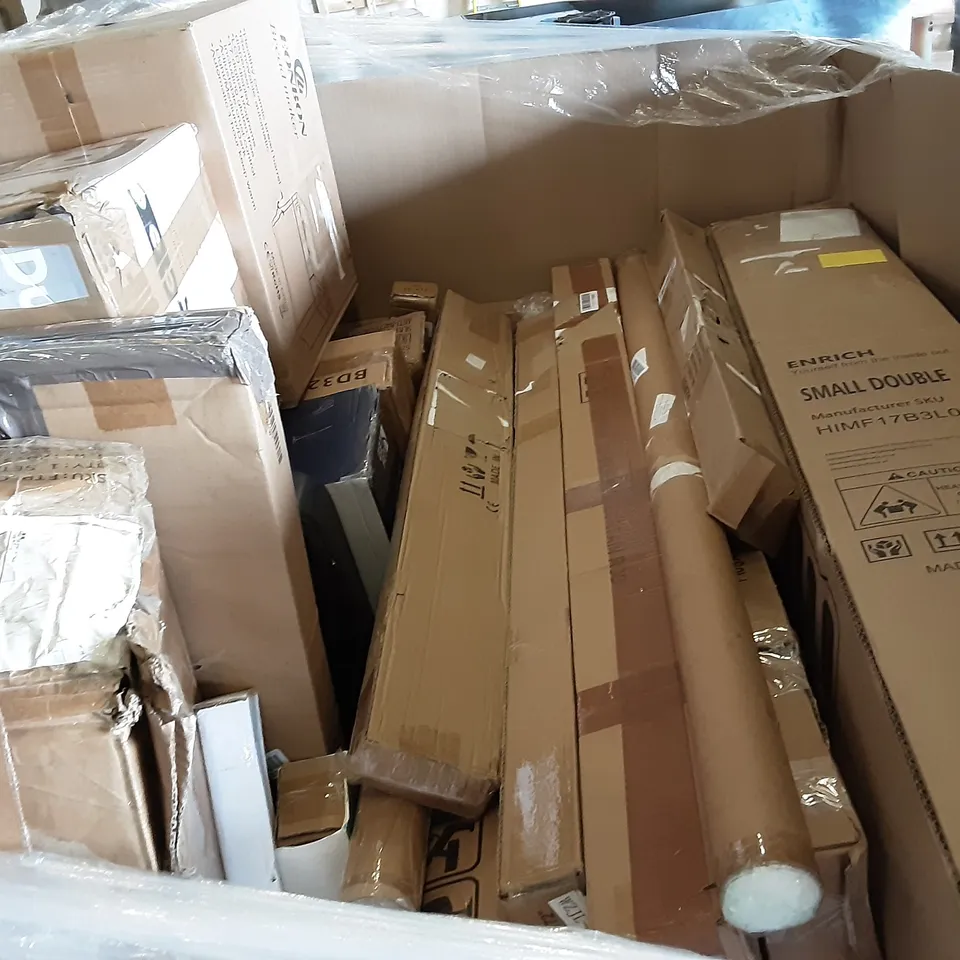 PALLET OF ASSORTED PRODUCTS INCLUDING FACELLE ROBOT PATISSERIE, LEVEL 8 SUITCASE, LONG ARM TV WALL MOUNT, DEFENDER DOOR BRACE, EONBON BREAD MAKER 