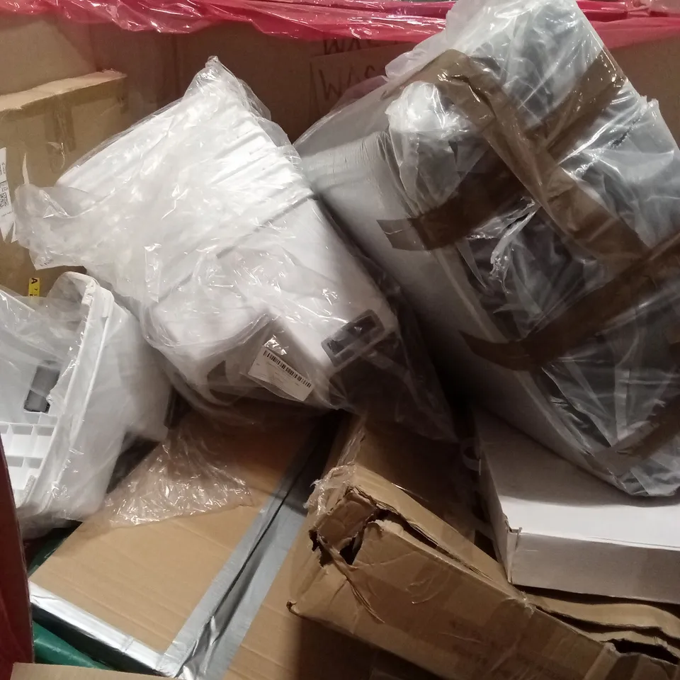 PALLET OF ASSORTED HOUSEHOLD GOODS AND PRODUCTS TO INCLUDE; STEP STOOLS, POP-UP TENTS, BOXED FURNITURE ETC 